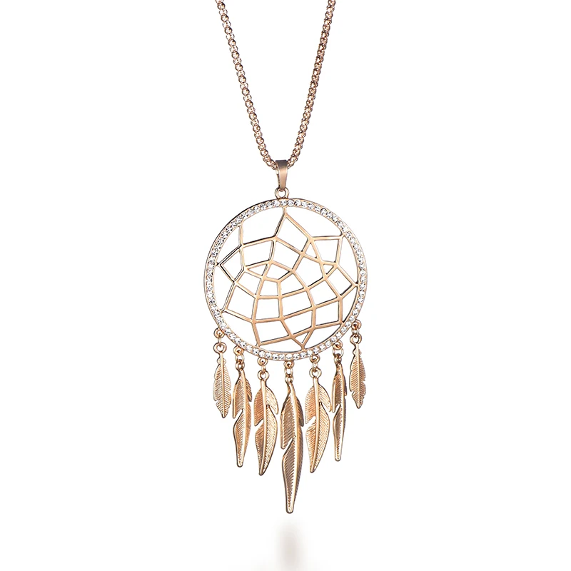 

Bohemian Dream Catcher Feather Tassel Necklace Hollow Rinestone Decoration Long Chain Necklace For Women