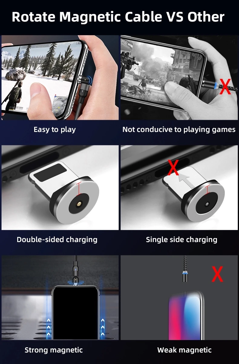 Magnetic Data Cable 360 180 Degree 3 In 1 Magnetic Fast Charging Type C Micro Magnet Usb Cable For Iphone Usb Charger - ANKUX.COM