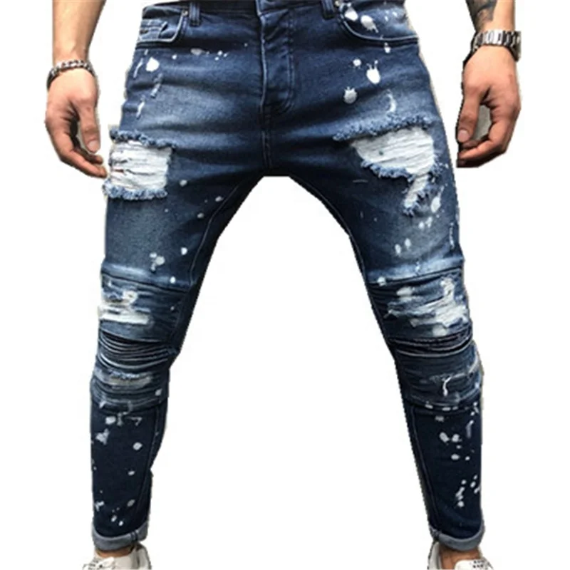 

European Men's Stretchy Patch Jeans Fashion Elastic Denim Pants, Light blue