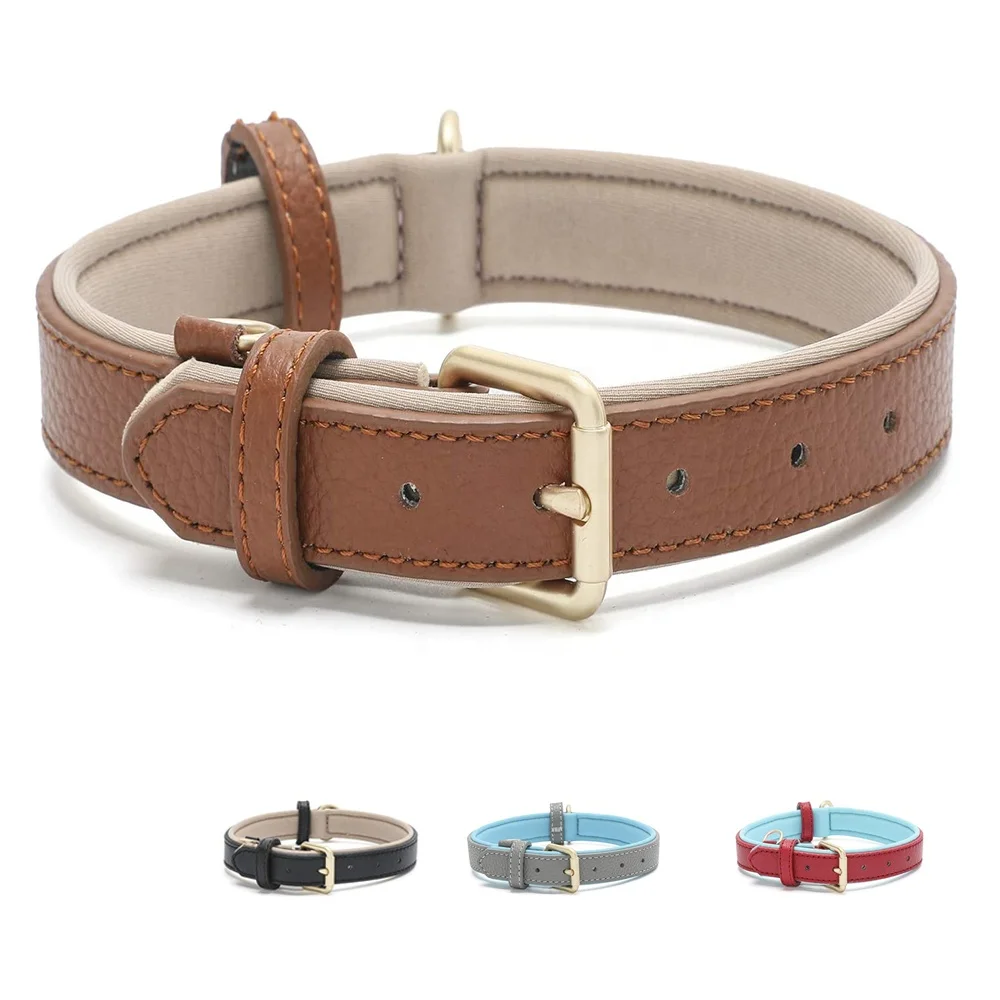 

OEM Custom Luxury Personalized Logo Adjustable Blank Brown Grey Plain Leather Pet Dog Collar