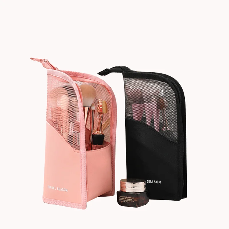 

New Design Women Stand Up Visible Waterproof Polyester Makeup Brush Holder,Multi-function Pink and Black Makeup Brush Pouch Bag, Black and pink