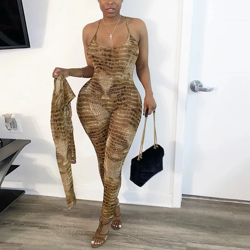 

2021 Trending Jumpsuit Women Khaki Brown Camo Two Piece Set Jumpsuits Knitted Snake Print Halter outfits casual tracksuits