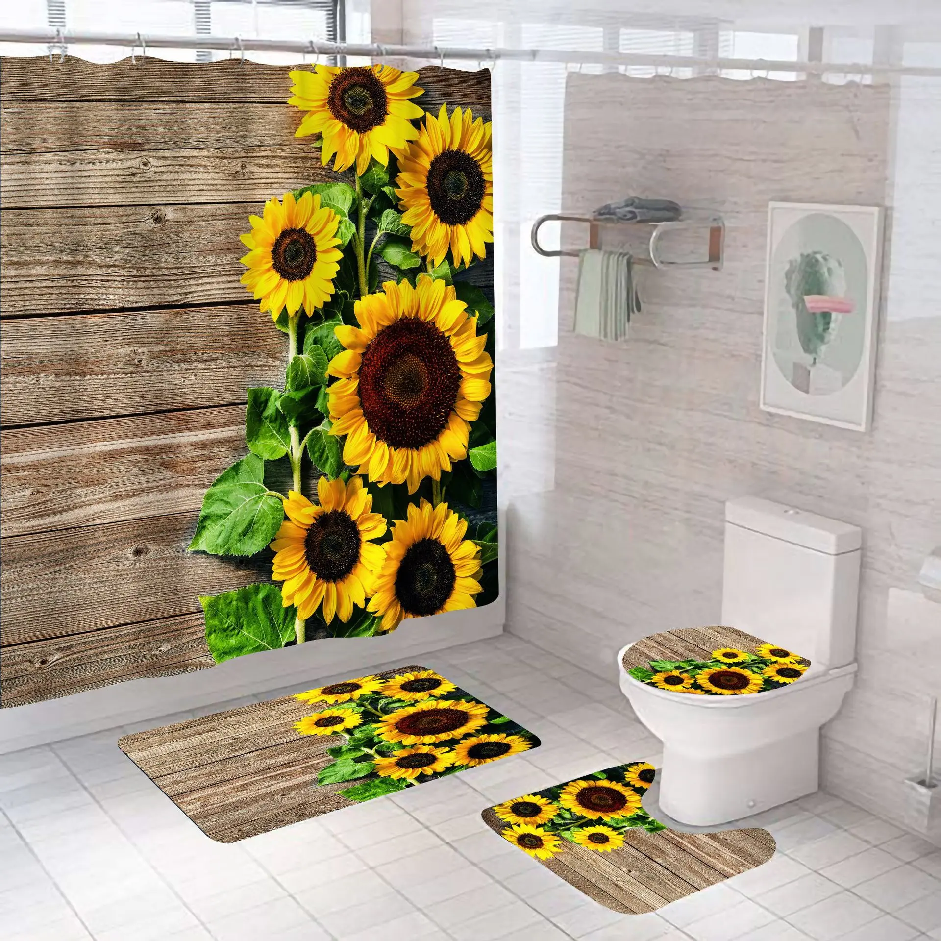 

Custom flower sunflower polyester waterproof digital printed 3d shower curtain set with non-slip rugs and bath mat
