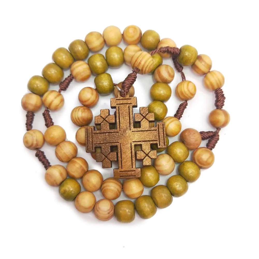 

Wholesale Handmade Wooden Cross Necklace Religious Ornaments Catholic Rosary Beads Necklace, Wood color