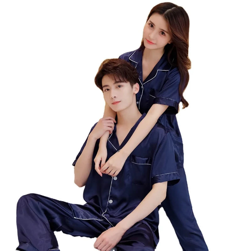 

2021 Four Seasons silk couple pajamas rayon cardigan suit spring long sleeve short men and women pajamas