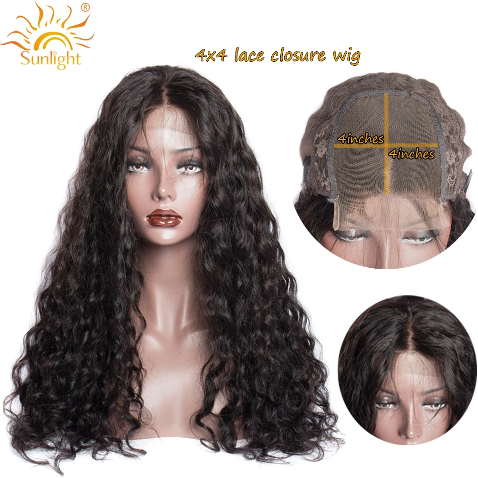 

150 Density 4x4 Closure Wig Peruvian Water Wave Wig Glueless Sunlight Remy Pre Plucked Lace Wigs