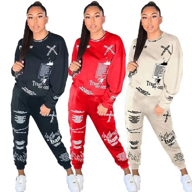 

W8710 fall clothing for women letter printed crewneck sweatshirt pullover 2 pieces set