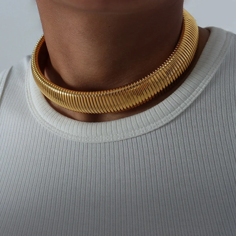 

Chunky Stainless Steel Hip Hop Choker Fashion Jewelry Non Tarnish 18K Gold Plated Statement Stretch Spiral Snake Chain Necklaces