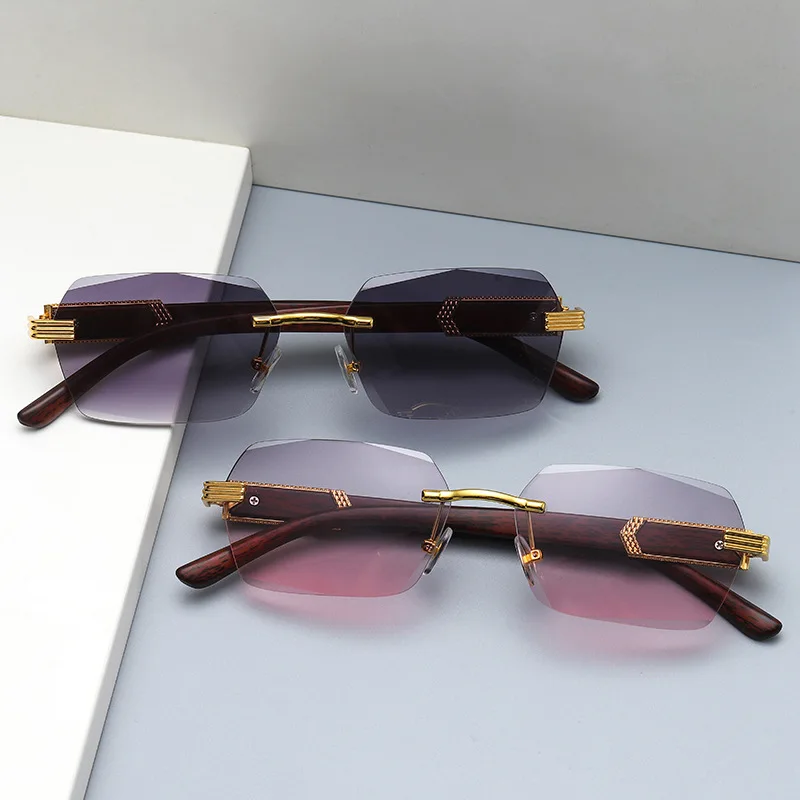 

2021 new fashion wood grain legs metal sun glasses irregular square rimless trend sunglasses for men women