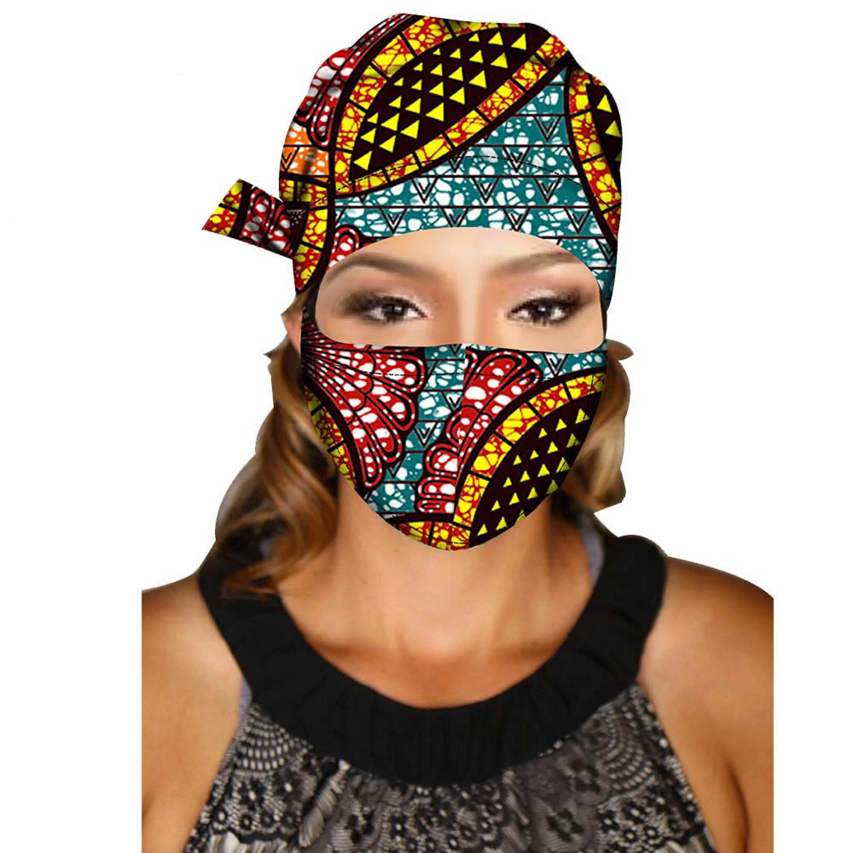 

Women Ankara Print Surgical Cap With Buttons And Face Cover, African wax printed
