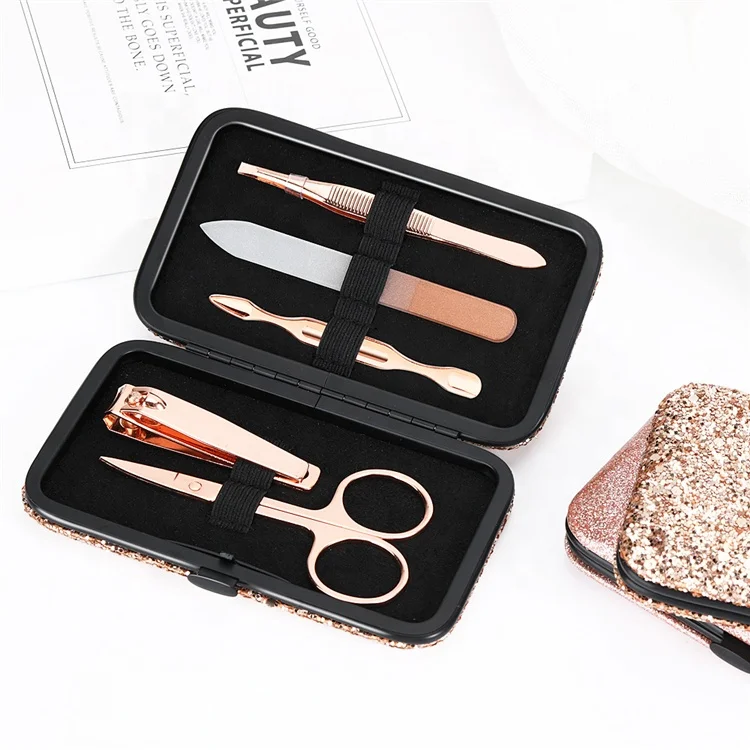 

high quality rose gold stainless steel nail clippers set spangle glitter manicure set nail tools OEM