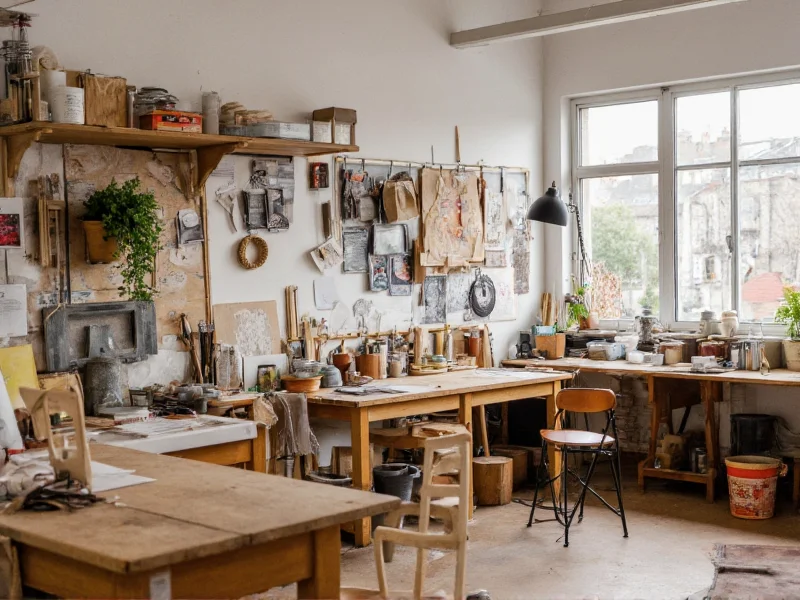 Craft studio workspace with natural lighting and organized tools