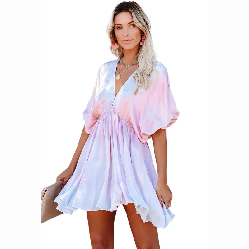 

2020 Women Clothes V Neck Ruffled Sleeves Waist Tie Mini Casual Dresses Women