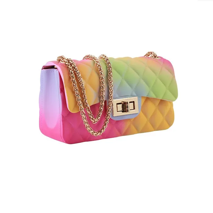 

2021 Fashion luxury rainbow purse chain lady colorful bags candy jelly hand bags handbags clear women purses handbag jelly, 18 colors