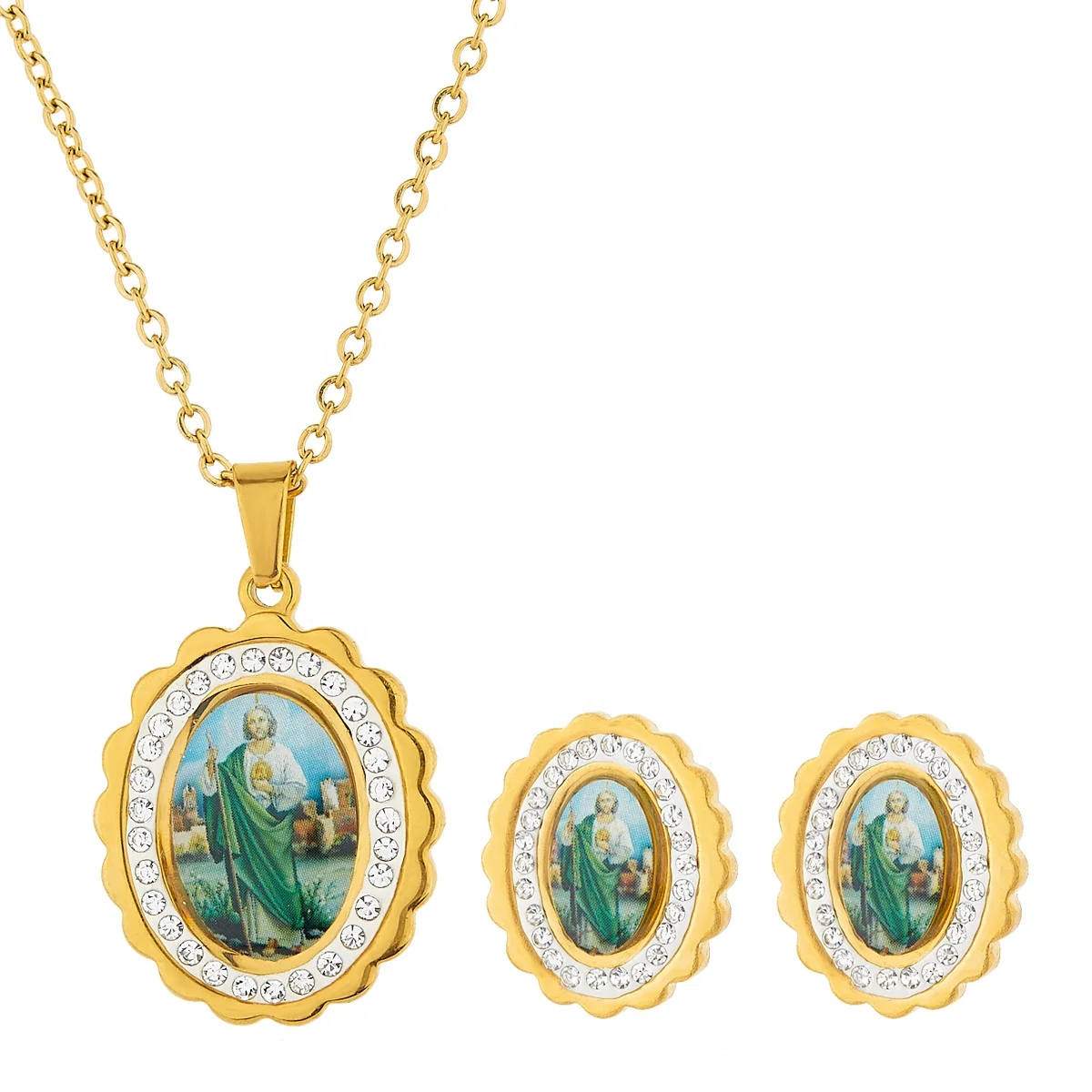 

TZ123 14K 18K Solid Gold Chain Religious Picture Earrings Jewelry Set