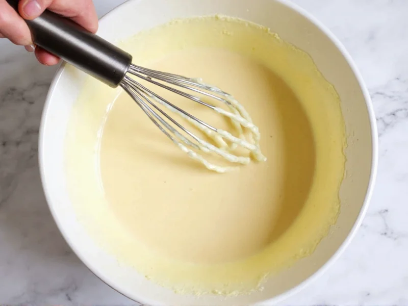 Whisking homemade sugar cookie icing in ceramic bowl
