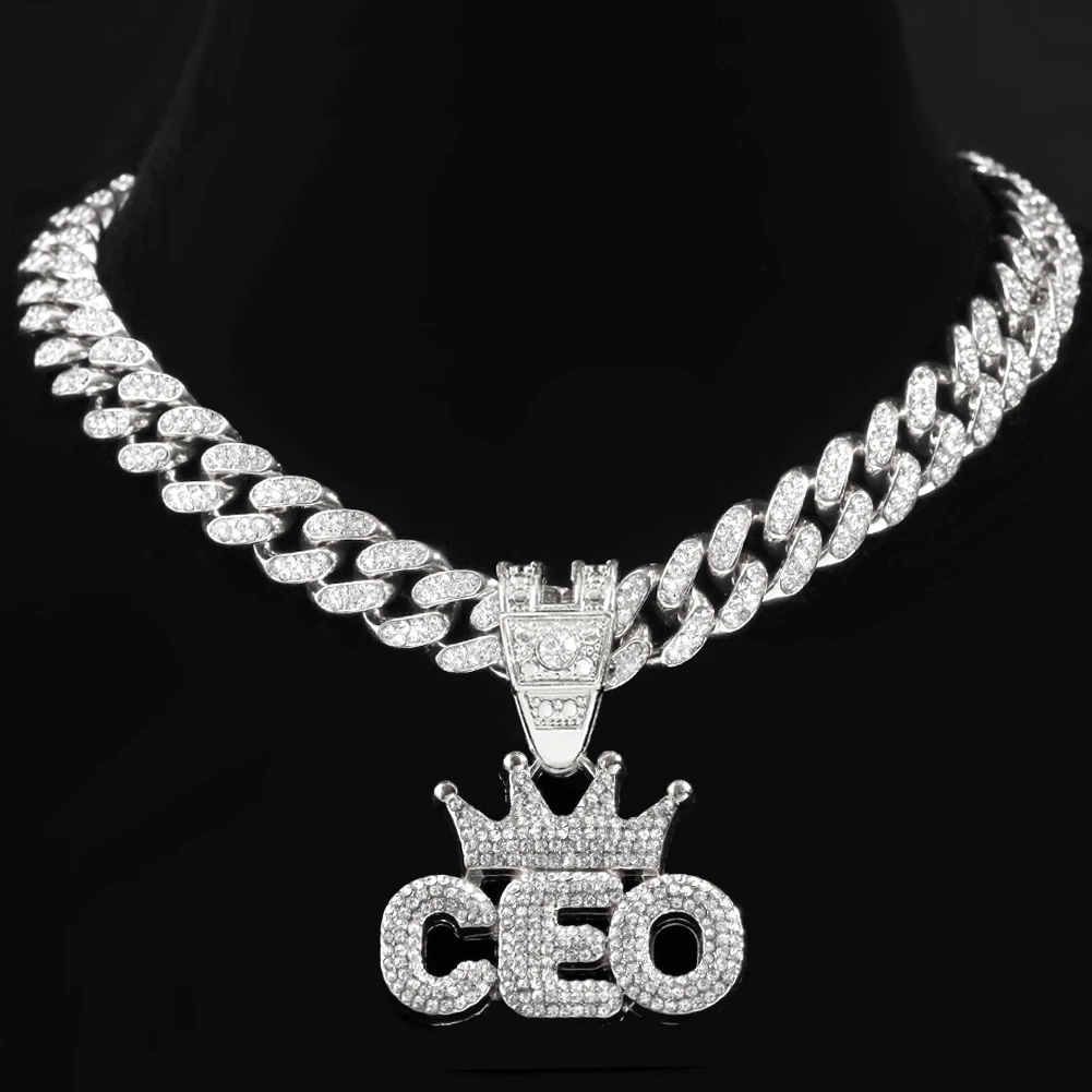 

Custom Name Newest Cuban Link Chain Crown Pendant Mens Hip Hop Iced Out Cz Initial Necklace Hip Hop 13MM Cuban Chain Choker