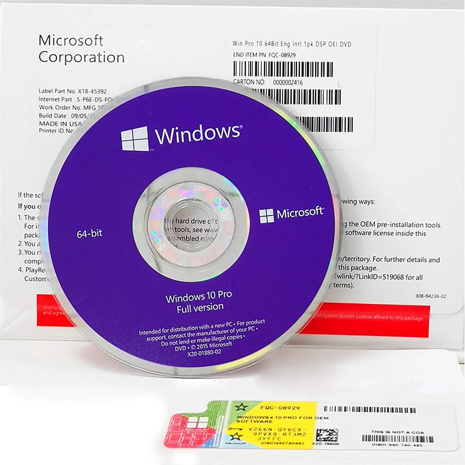 

Windows 10 Pro DVD OEM Full Pack with installation DVD shipping worldwide