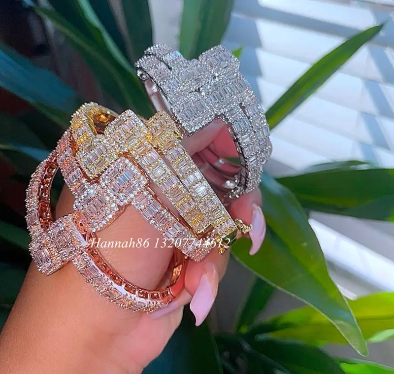 

New Iced Out Bling CZ Opened Square Zircon Charm Bracelet Gold Silver Color Baguette CZ Bangle For Men Women Hiphop Jewelry