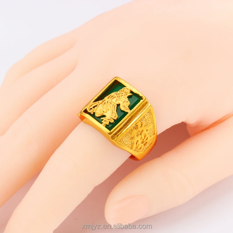 

Brass Gold-Plated Guan Yu Ring Male Gold Inlaid Jade Domineering Men's Ring Hair Word Sand Gold Inlaid Open Guan Gong Ring