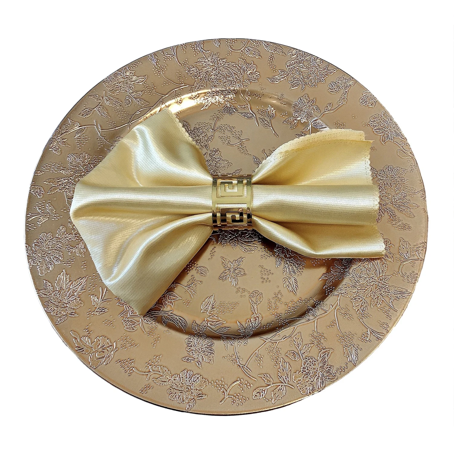 

Elegant Gold Floral Charger Plates for Weddings, Gold silver rose gold blakc etc