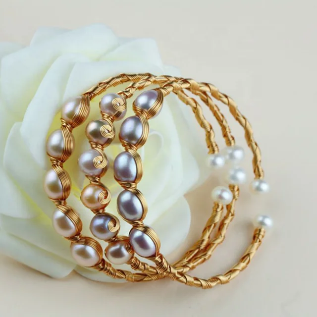 

Classic royal elegant noble jewelry fresh water natural pearl white/yellow purple pearl with 18k cuff bangle bracelet for womens