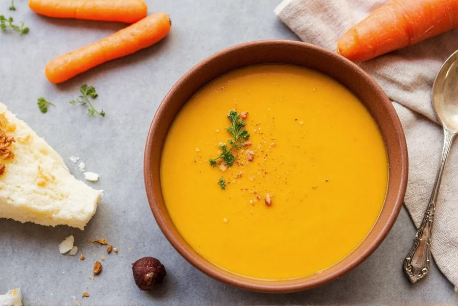 Vibrant orange ginger carrot soup in white ceramic bowl with fresh cilantro garnish, steam rising, on wooden table