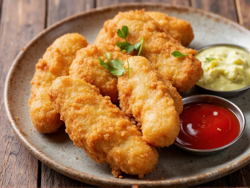 Homemade fish sticks with three dipping sauces on rustic plate