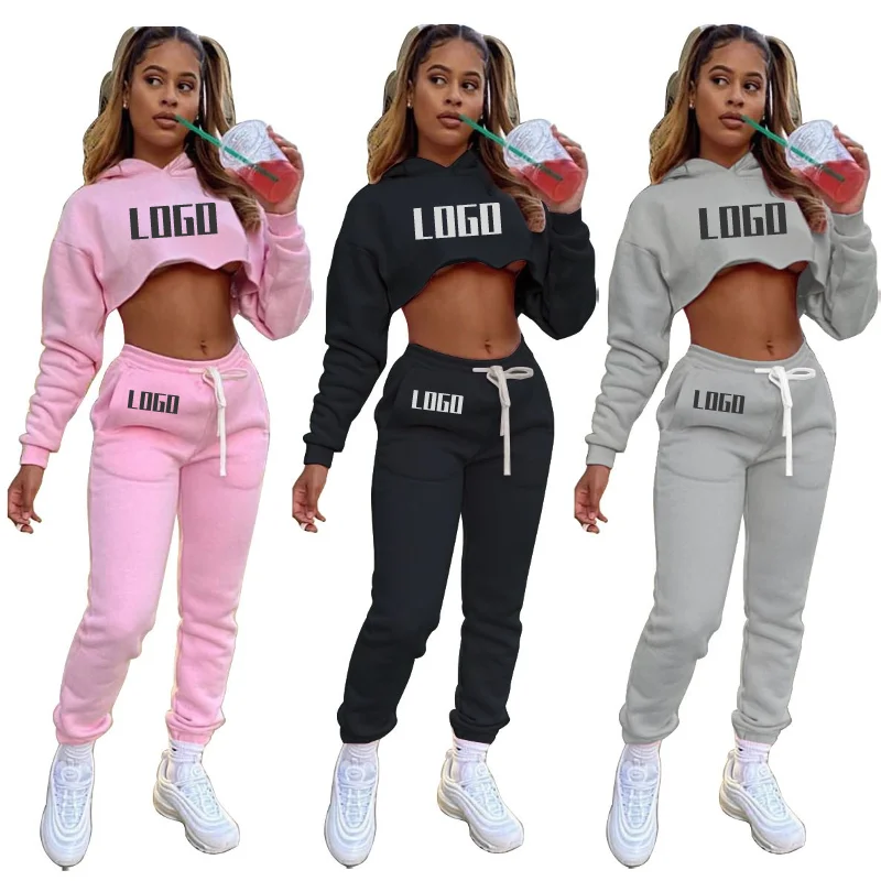 

LD201043 Sweat Suit Tracksuit Womens Sweatpants and Sweatshirts Hoodie Custom LOGO cropped sweatsuit set, As shown in the picture