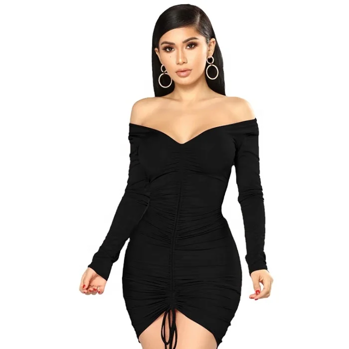 

New Style Fashion Wholesale Women Solid Bodycon Dress Drawstring Pleated Hip Wrap Short Dress, Picture color