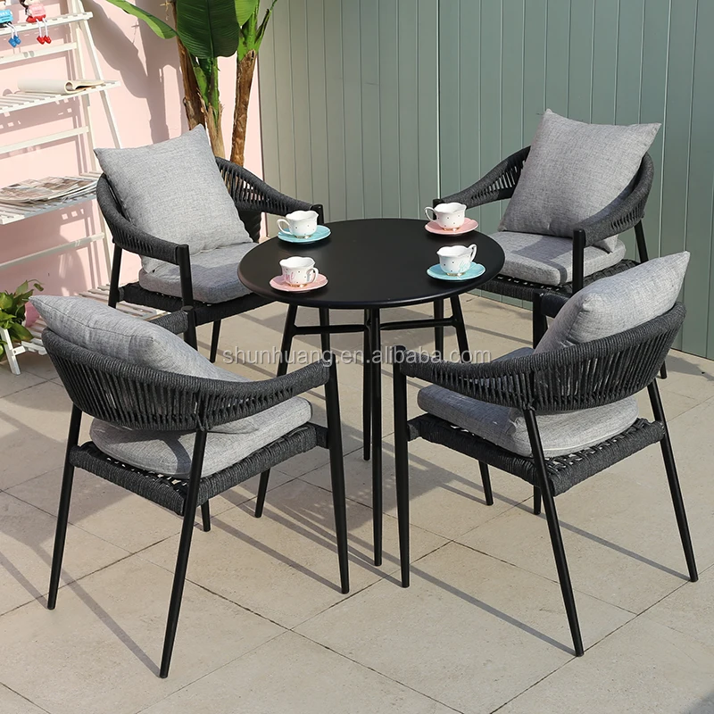 Modern Rope Woven Garden Dining Set Cafe Shop Rope Furniture 5 Pieces