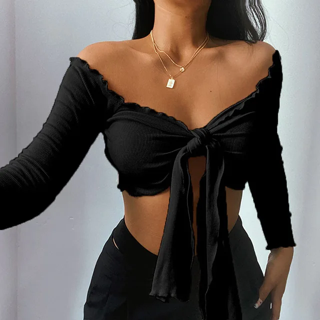 

Spring Clothings For Women Fashionable Front Tied Off Shoulder Long Sleeve Solid Blouses, Black,apricot