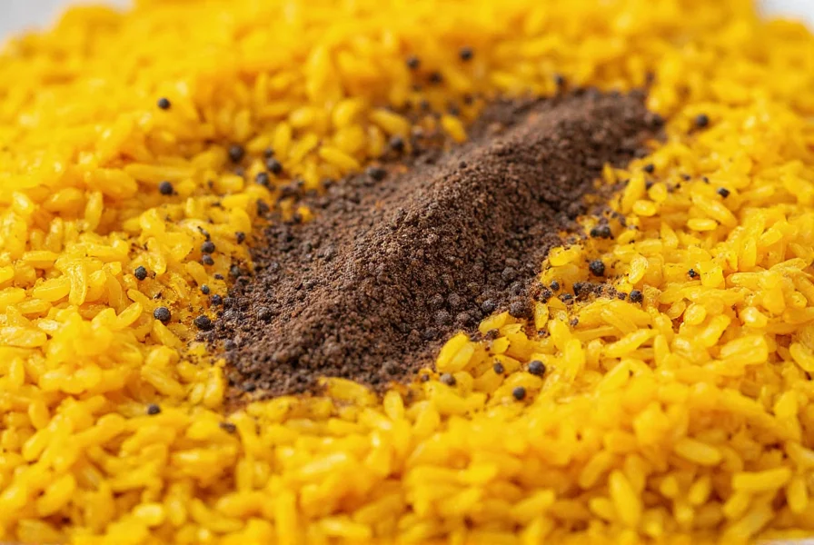 Close-up of freshly ground black pepper sprinkled over golden turmeric rice showing the synergy between these two spices