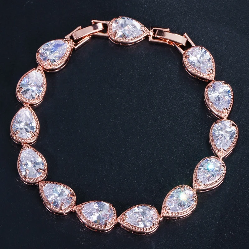 

Top Quality Water Drop Cubic Zircon Paved Rose Gold Color Tennis Bracelet for Women Wedding Party Jewelry, Customized color