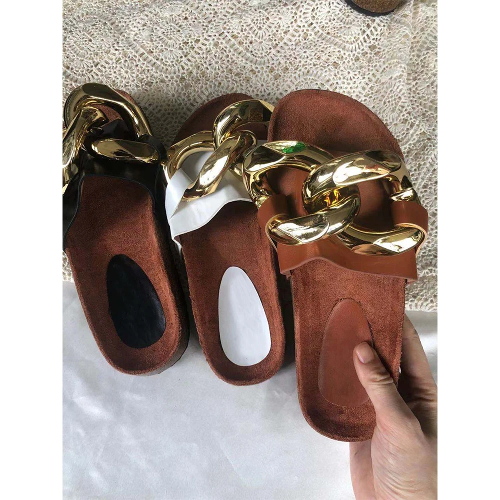 

wholesale pure color sexy big gold chain trendy ladies flat white sandals for women