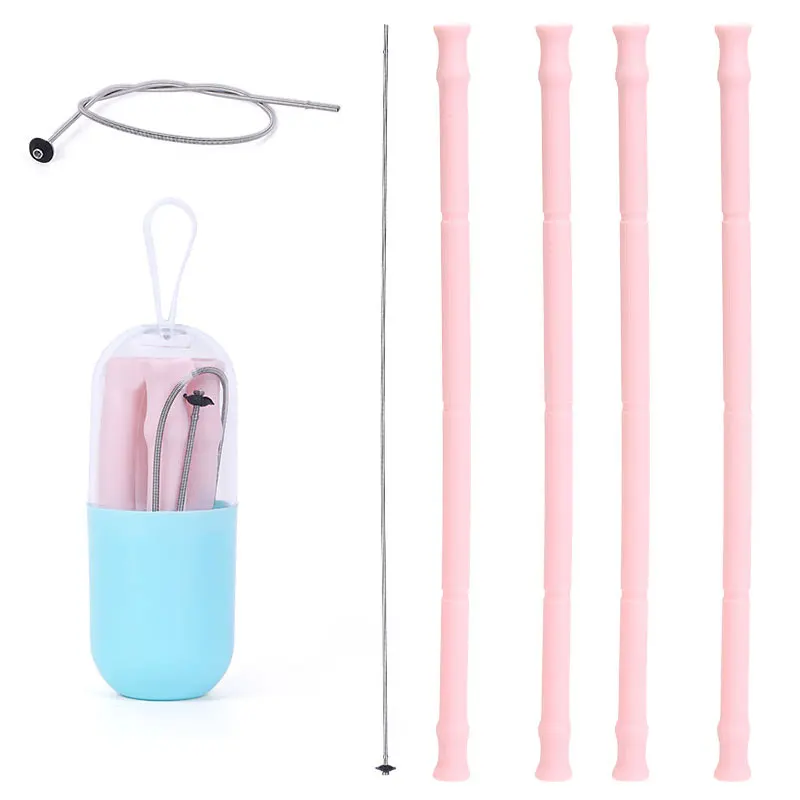 

New Ideas Product Reusable Collapsible Straw, 10Mm Foldable Silicone Drinking Straw Case, Grey, cyan, quartz pink, deep blue