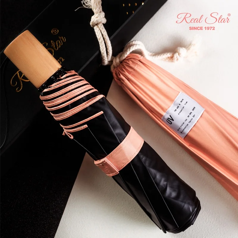 

RST Real Star 3 Folding double layer parasol sun and rain umbrella for lady wood handle umbrella, 4 colors