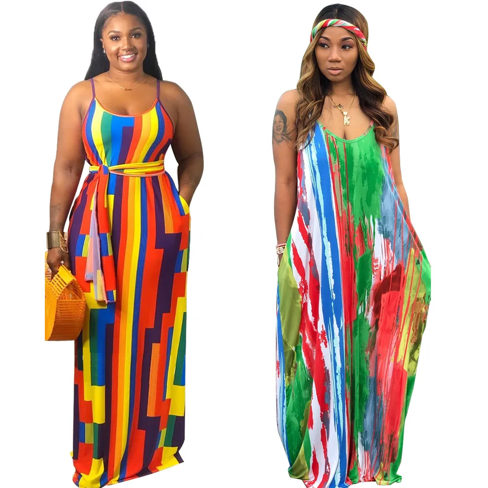 

Summer casual tie-dye colorful printed hanging loose plus size dress woman, Orange, gray, light blue, black, apricot