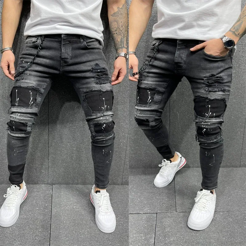 

Ripped Destroyed Stretchy Knee Holes Slim Men's Tapered Leg Vaquero Jeans Denim Pants