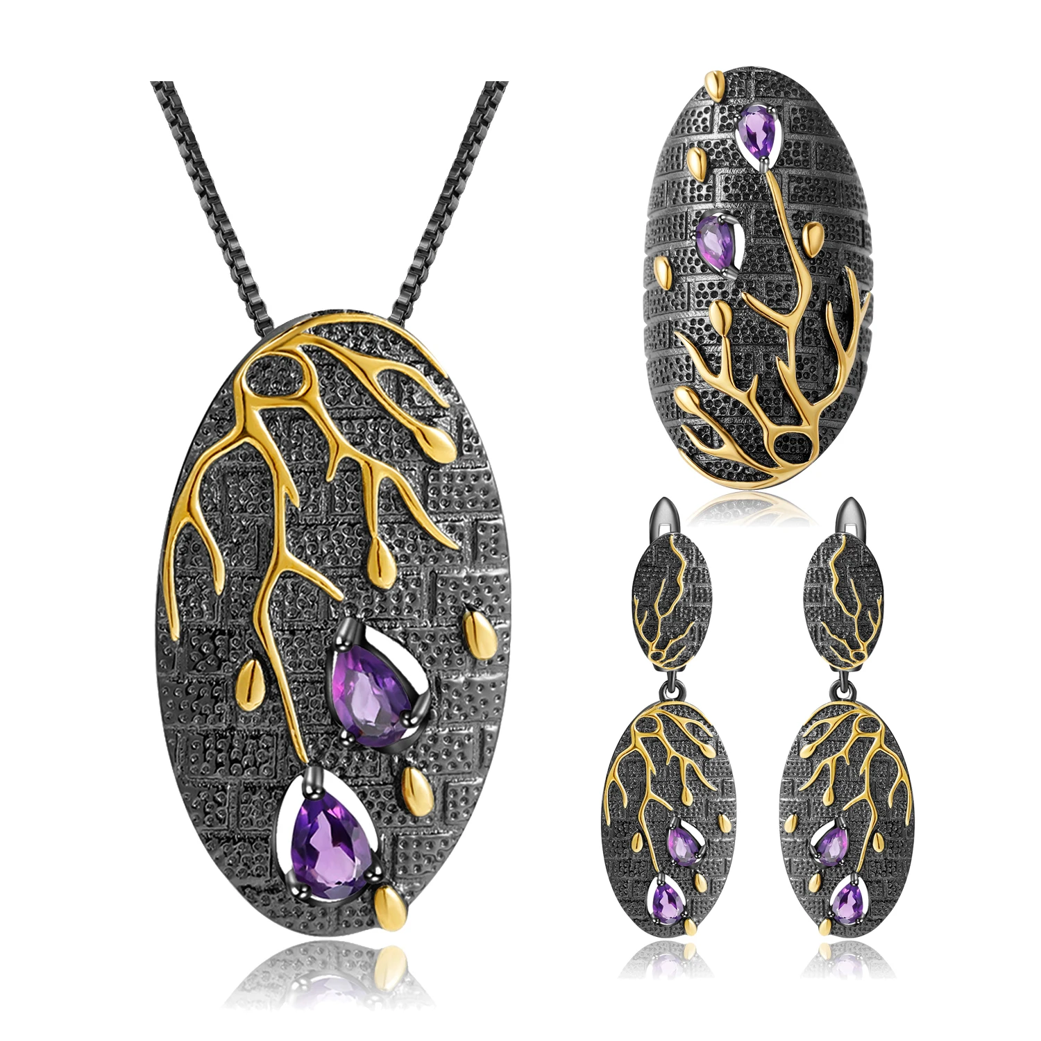 

C7872 Abiding Handcrafted Fine Jewelry Botanic Series Natural Amethyst Gems 925 Sterling Silver Jewelry Sets