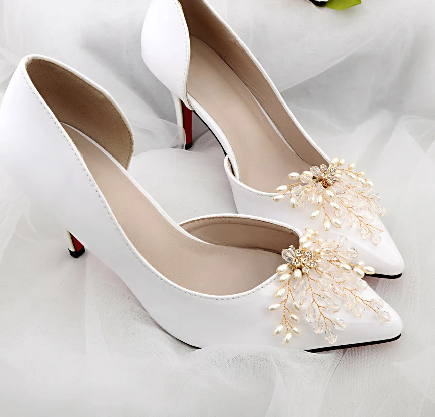 

Bride wedding shoes pearl bling crystal beads shoe upper, White