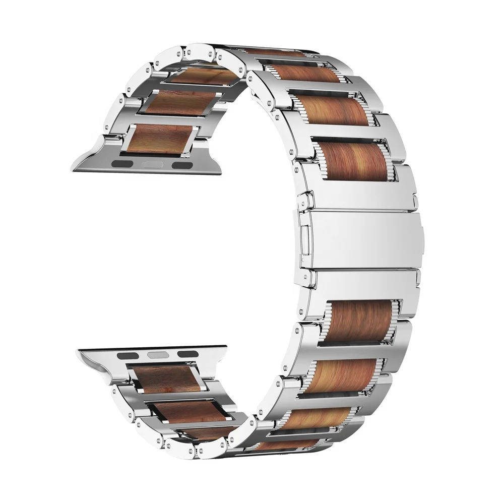 

KeepWin High Quality Wooden Stainless Steel Metal Strap Bracelet Belt Wristband Smart Watch Band, Silver/pink/gold/black/gun/champagne