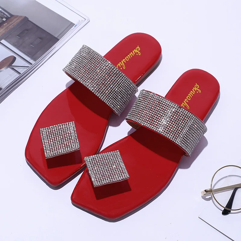 

2021 Summer Women Flat Slippers Bling Rhinestone Slides Outside Holidays Sandals Women Flip Flop Sandals