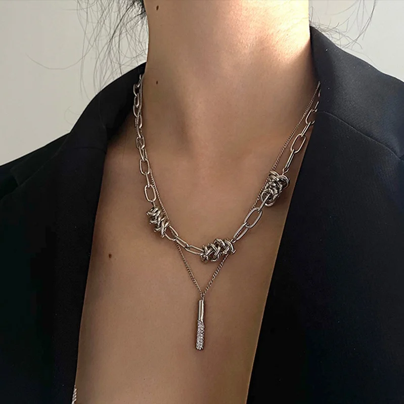 

Fashion Jewelry Stainless Steel Choker Hiphop Punk Zircon Strip Double Layer Chain Link Pendant Necklace for Men Women, Silver/custom