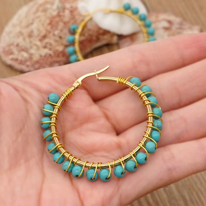 

Personalized blue turquoise drop earring handmade beaded big gold hoop earrings stainless steel jewelry