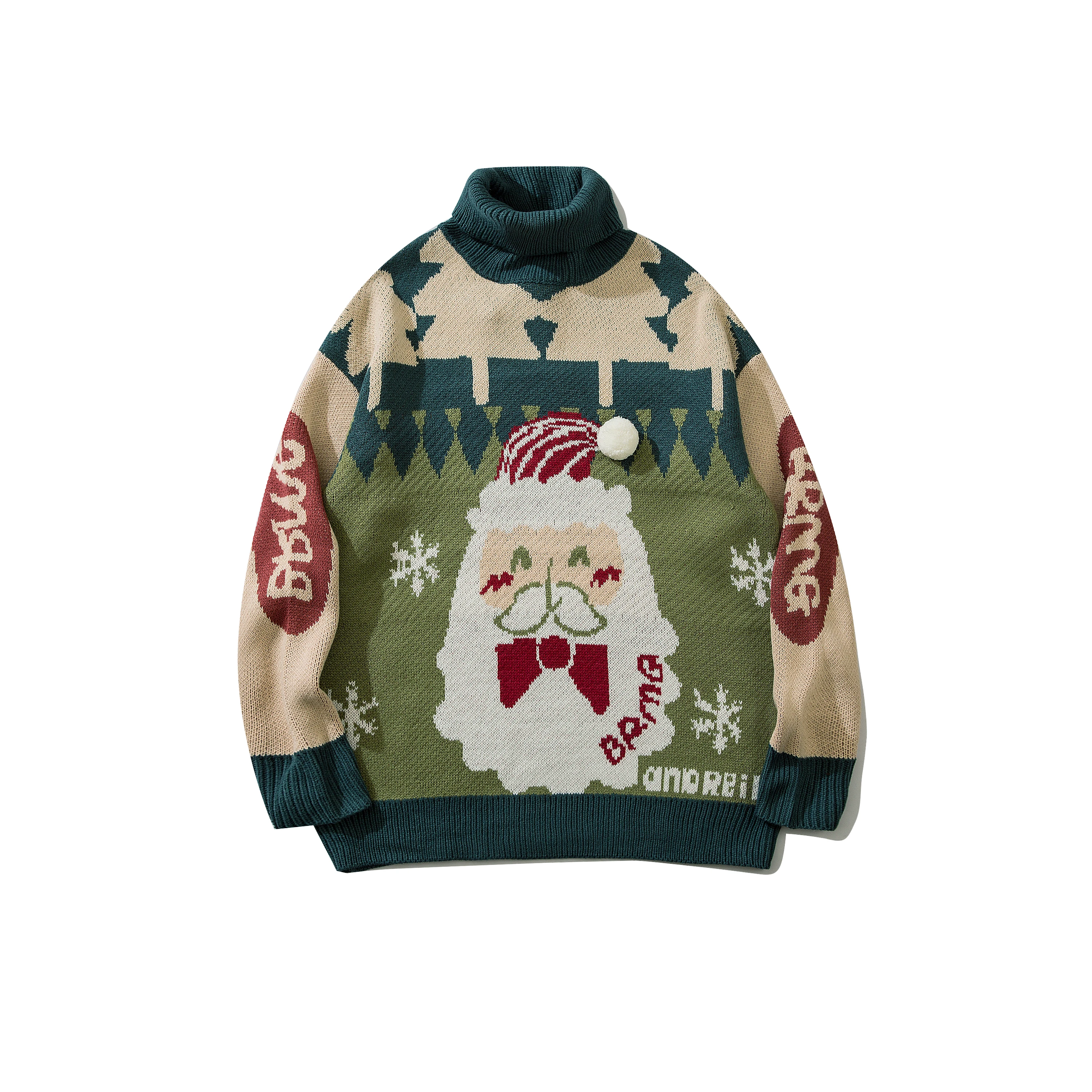 

New Design Hot Christmas Ugly Sweater Green long sleeve high lapel men's and women's knitted cartoon jacquard warm coat