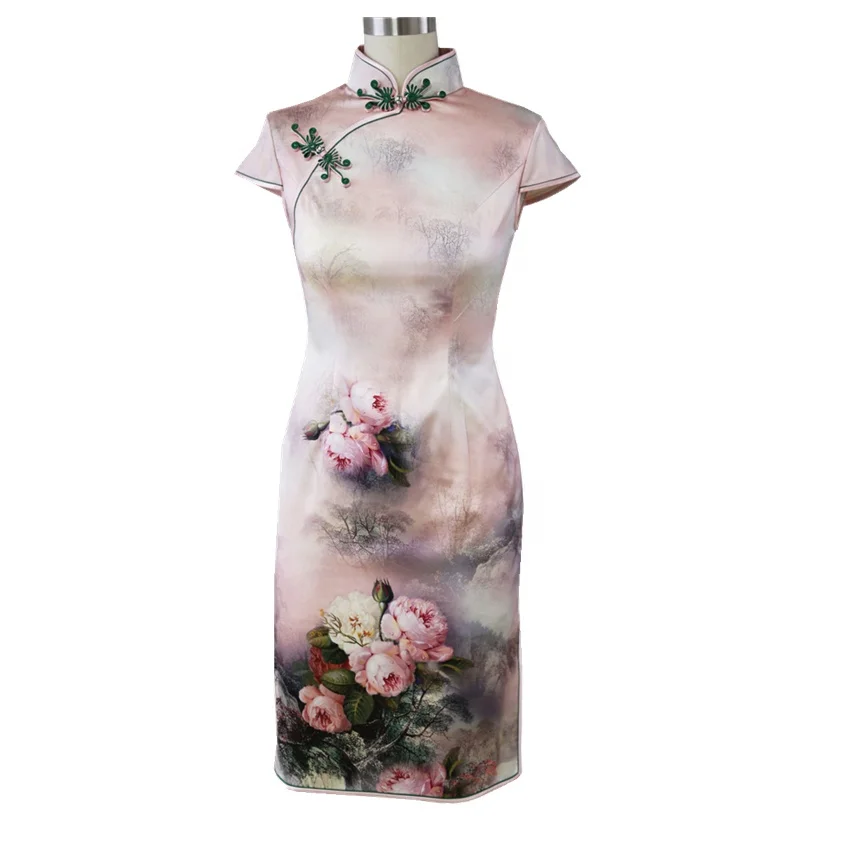 

2 layers silk cheongsam qipao classical slim short sleeve dress, Floral print