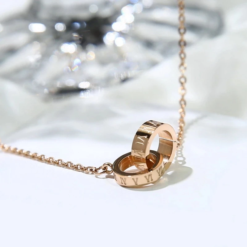 

2021 Woman Stainless steel Jewelry Gift Factory Wholesale Fashion Rose Gold Color Roman Numerals Double Circles Pendant Necklace, Rose gold,gold ,silver