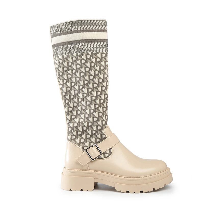 

Hot sale quality knitted printed buckle high women knee long boots shoes woman