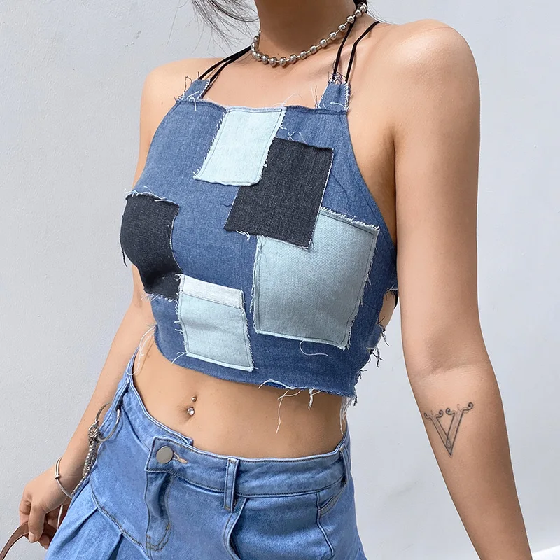 

ZJ1252 Patchwork Cute Denim Tank Top Female Streetwear Backless Sexy Y2K Clothes Cut Out Cross Lace Up Cropped Jeans Vest